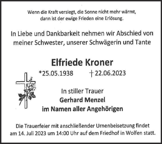 Traueranzeige von Elfriede Kroner von Trauerkombi Bitterfeld