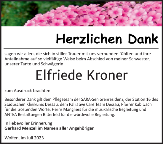Traueranzeige von Elfriede Kroner von Trauerkombi Bitterfeld