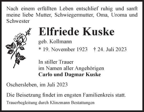 Traueranzeige von Elfriede Kuske von Volksstimme Oschersleben/Wanzleben
