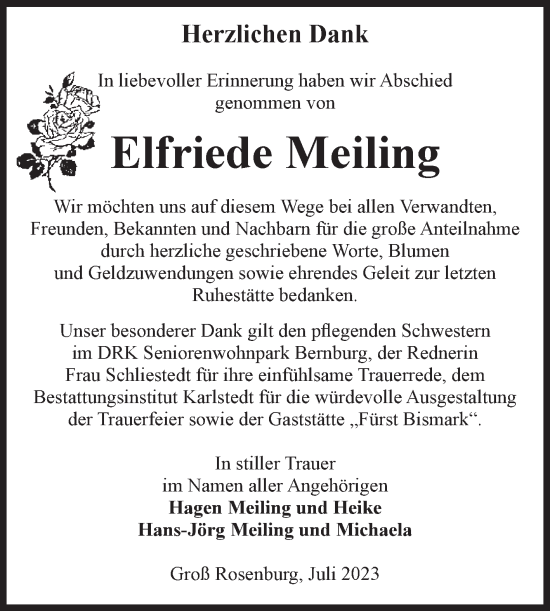Traueranzeige von Elfriede Meiling von Volksstimme Schönebeck