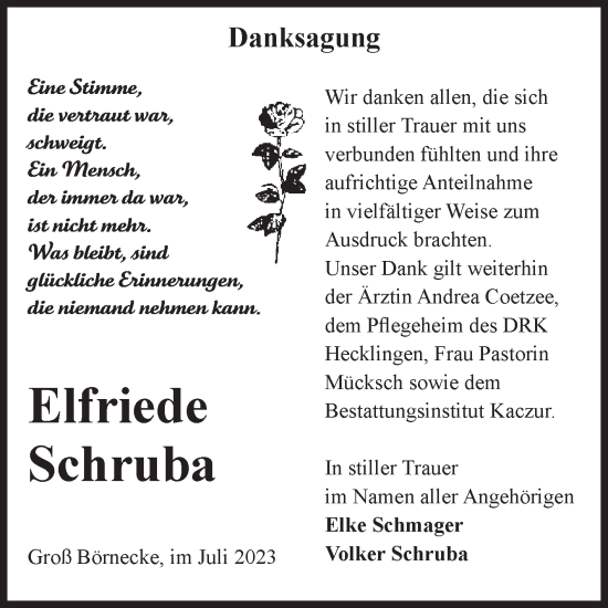 Traueranzeige von Elfriede Schruba von Volksstimme Staßfurt