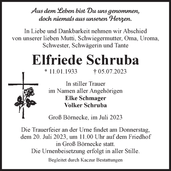 Traueranzeige von Elfriede Schruba von Volksstimme Staßfurt