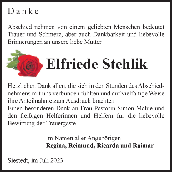 Traueranzeige von Elfriede Stehlik von Volksstimme Haldensleben/Wolmirstedt