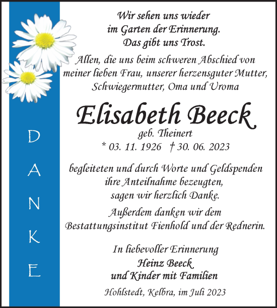 Traueranzeige von Elisabeth Beeck von Trauerkombi Sangerhausen