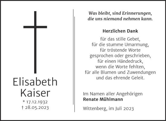 Traueranzeige von Elisabeth Kaiser von Trauerkombi Wittenberg