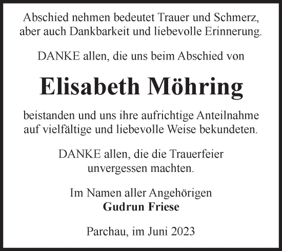 Traueranzeige von Elisabeth Möhring von Volksstimme Burg/Genthin