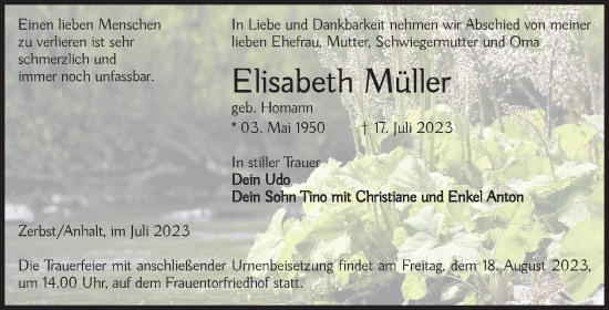 Traueranzeige von Elisabeth Müller von Volksstimme Zerbst