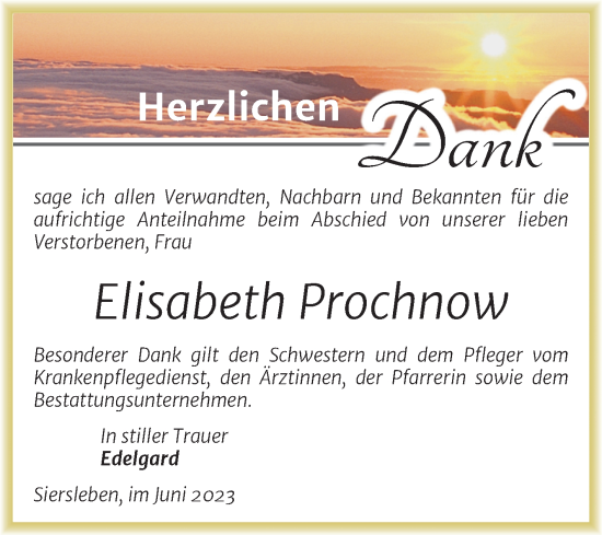 Traueranzeige von Elisabeth Prochnow von Mitteldeutsche Zeitung Mansfelder Land