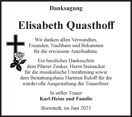 Traueranzeige von Elisabeth Quasthoff von Volksstimme Haldensleben/Wolmirstedt