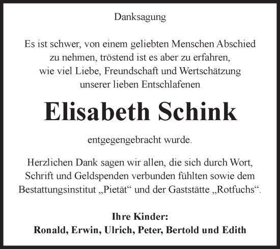 Traueranzeige von Elisabeth Schink von Volksstimme Burg/Genthin