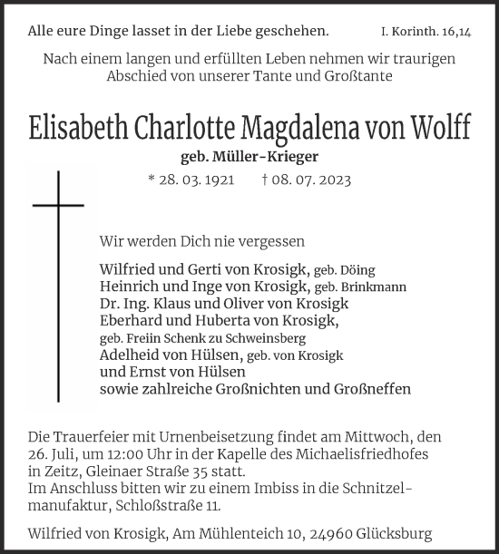 Traueranzeige von Elisabeth Charlotte Magdalena von Wolff von Trauerkombi Zeitz