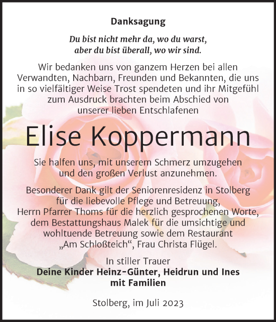 Traueranzeige von Elise Koppermann von Trauerkombi Sangerhausen