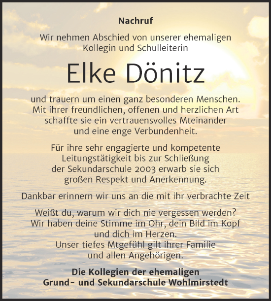 Traueranzeige von Elke Dönitz von Wochenspiegel Naumburg/Nebra