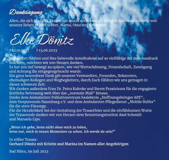 Traueranzeige von Elke Dönitz von Wochenspiegel Naumburg/Nebra