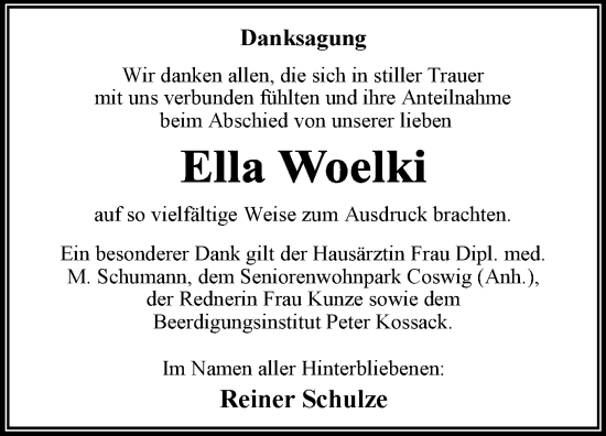 Traueranzeige von Ella Woelki von Trauerkombi Wittenberg