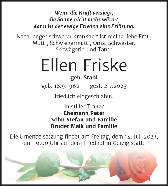 Traueranzeige von Ellen Friske von Trauerkombi Köthen