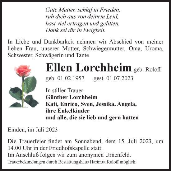 Traueranzeige von Ellen Lorchheim von Volksstimme Haldensleben/Wolmirstedt