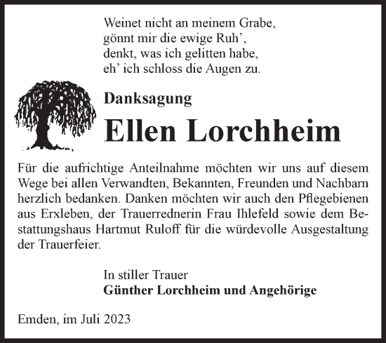 Traueranzeige von Ellen Lorchheim von Volksstimme Haldensleben/Wolmirstedt