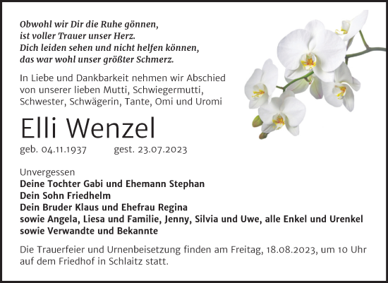 Traueranzeige von Elli Wenzel von Super Sonntag Wittenberg