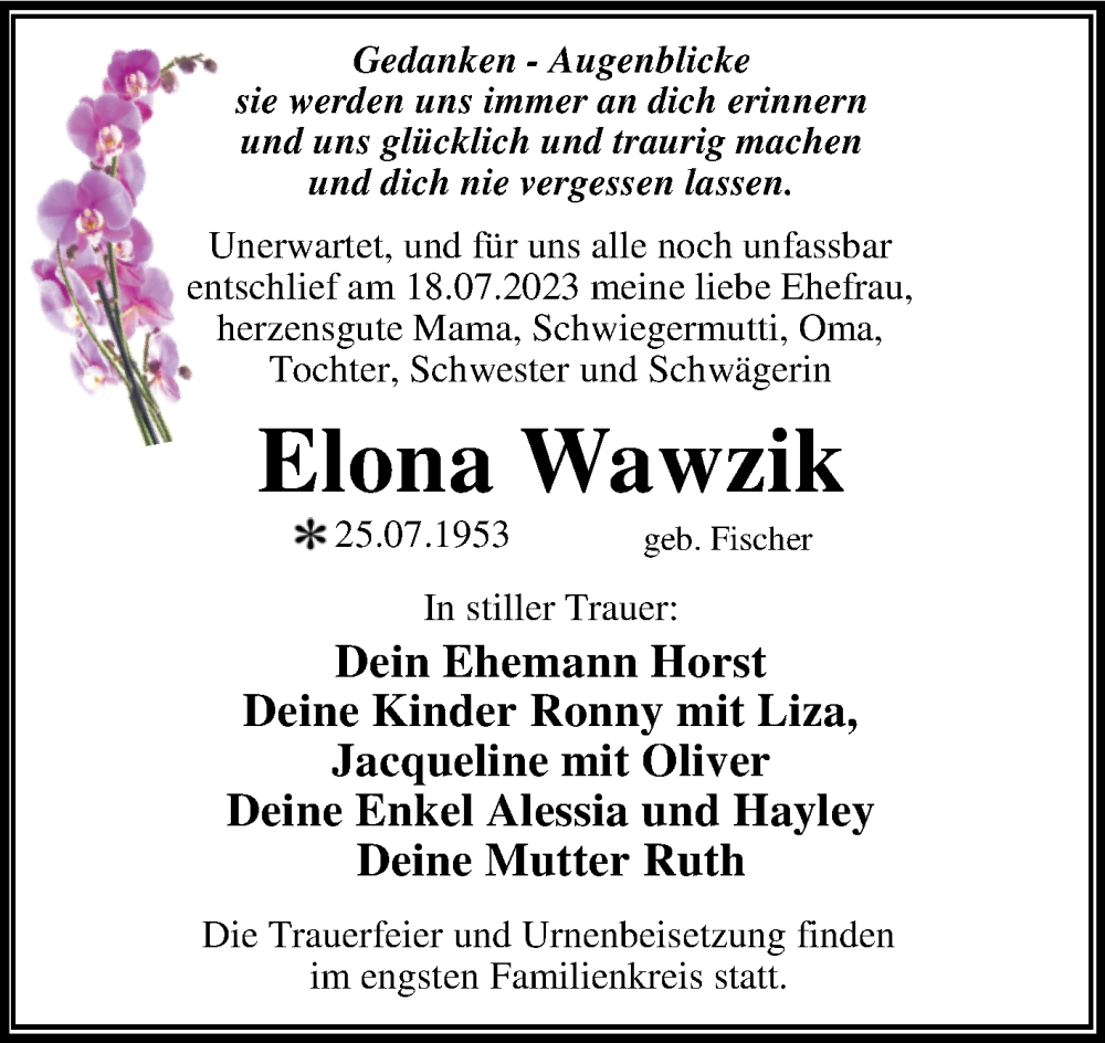  Traueranzeige für Elona Wawzik vom 29.07.2023 aus Trauerkombi Wittenberg