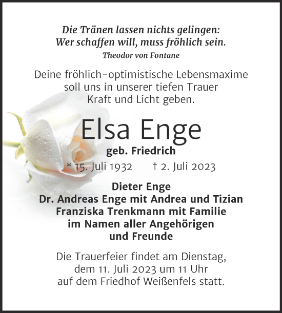 Traueranzeige von Elsa Enge von Mitteldeutsche Zeitung Weißenfels