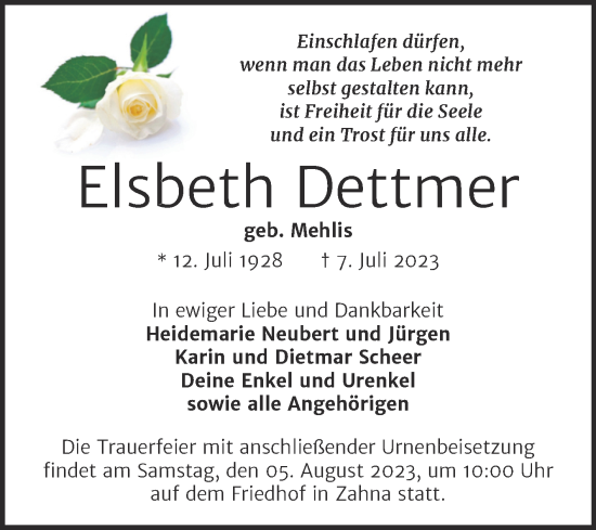 Traueranzeige von Elsbeth Dettmer von Trauerkombi Wittenberg