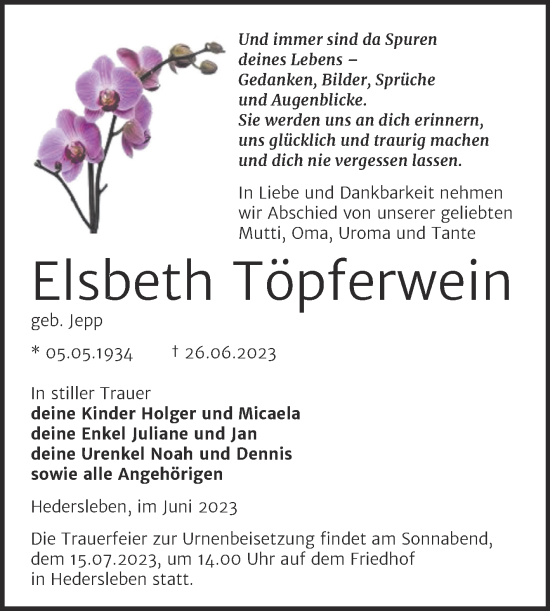 Traueranzeige von Elsbeth Töpferwein von Trauerkombi Mansfelder Land