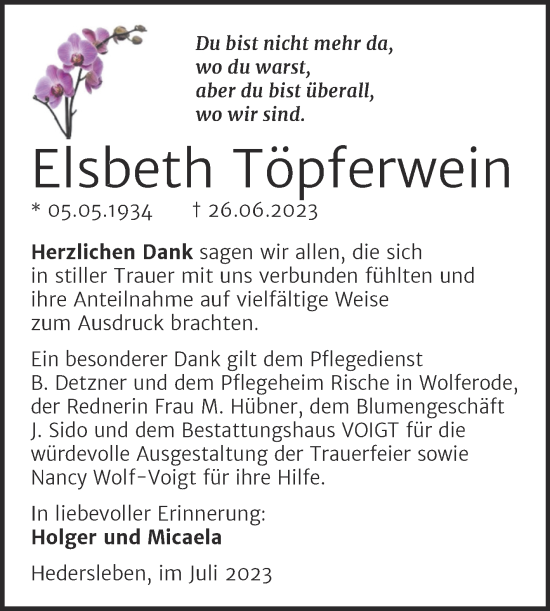Traueranzeige von Elsbeth Töpferwein von Trauerkombi Mansfelder Land