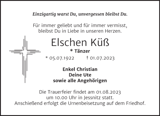 Traueranzeige von Elschen Küß von Trauerkombi Bitterfeld