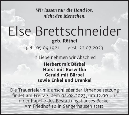 Traueranzeige von Else Brettschneider von Trauerkombi Sangerhausen