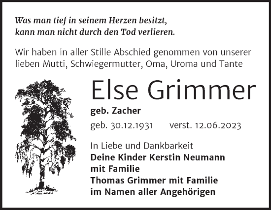 Traueranzeige von Else Grimmer von Trauerkombi Weißenfels