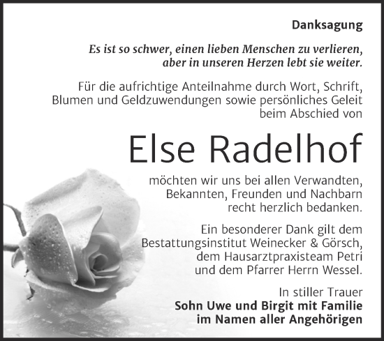 Traueranzeige von Else Radelhof von Trauerkombi Bernburg