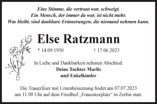 Traueranzeige von Else Ratzmann von Volksstimme Zerbst