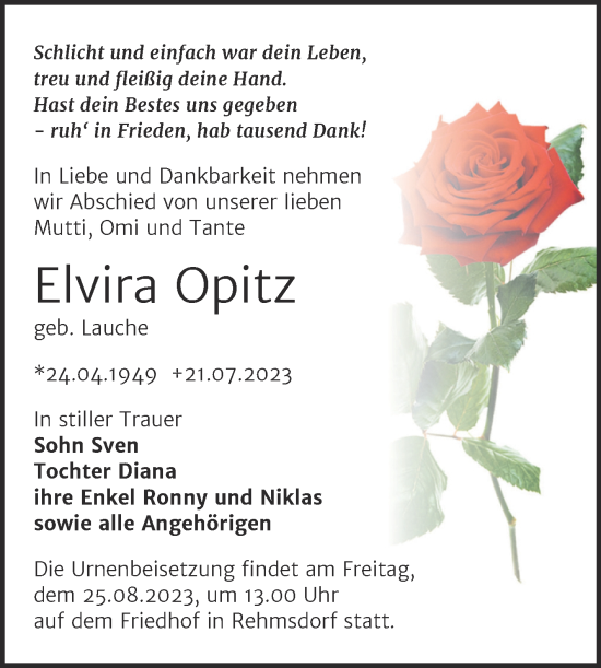 Traueranzeige von Elvira Opitz von Trauerkombi Zeitz