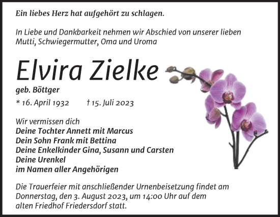 Traueranzeige von Elvira Zielke von Trauerkombi Bitterfeld