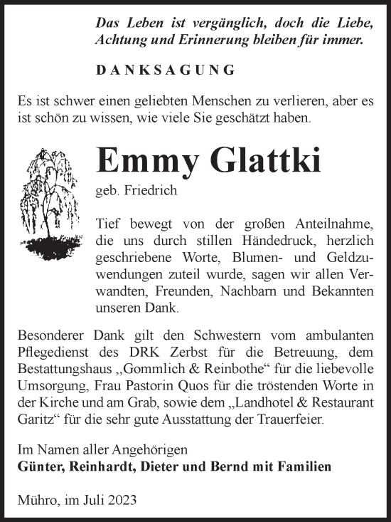 Traueranzeige von Emmy Glattki von Volksstimme Zerbst