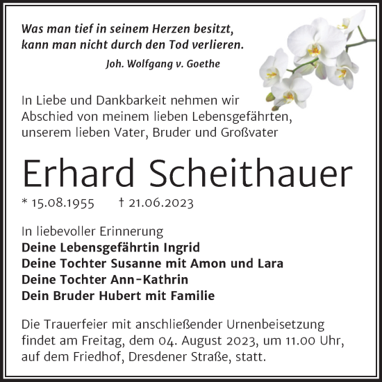 Traueranzeige von Erhard Scheithauer von Trauerkombi Wittenberg