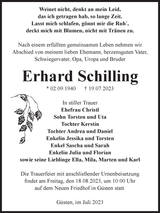 Traueranzeige von Erhard Schilling 