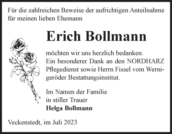 Traueranzeige von Erich Bollmann von Volksstimme Wernigerode