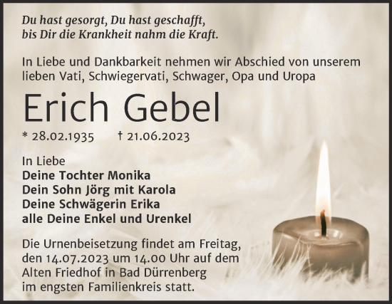 Traueranzeige von Erich Gebel von Mitteldeutsche Zeitung Halle/Saalkreis