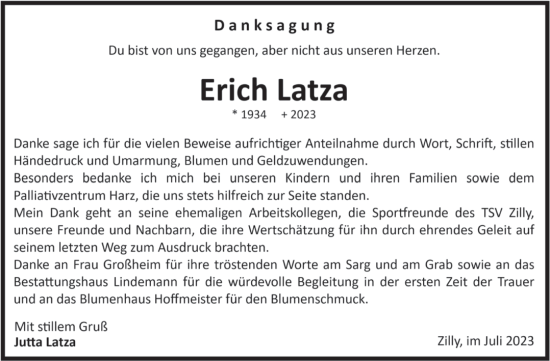 Traueranzeige von Erich Latza von Volksstimme Halberstadt