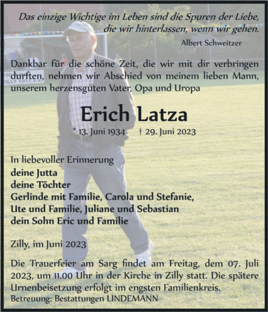 Traueranzeige von Erich Latza von Volksstimme Halberstadt
