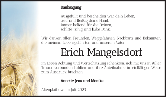 Traueranzeige von Erich Mangelsdorf von Volksstimme Burg/Genthin