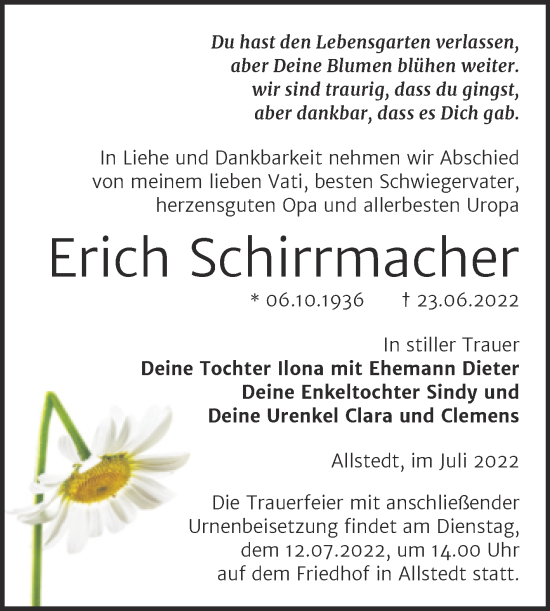Traueranzeige von Erich Schirrmacher von Trauerkombi Sangerhausen