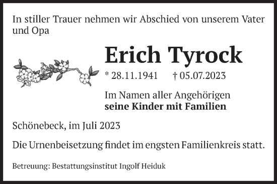 Traueranzeige von Erich Tyrock von Volksstimme Schönebeck