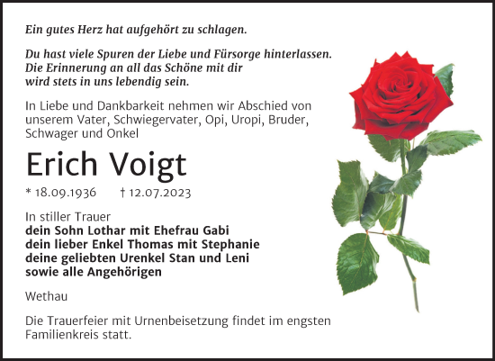 Traueranzeige von Erich Voigt von Naumburger Tageblatt