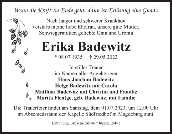Traueranzeige von Erika Badewitz von Volksstimme Magdeburg