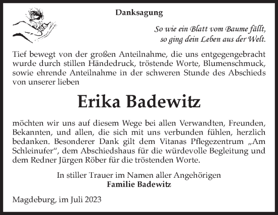 Traueranzeige von Erika Badewitz von Volksstimme Magdeburg