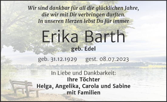 Traueranzeige von Erika Barth von Mitteldeutsche Zeitung Halle/Saalkreis