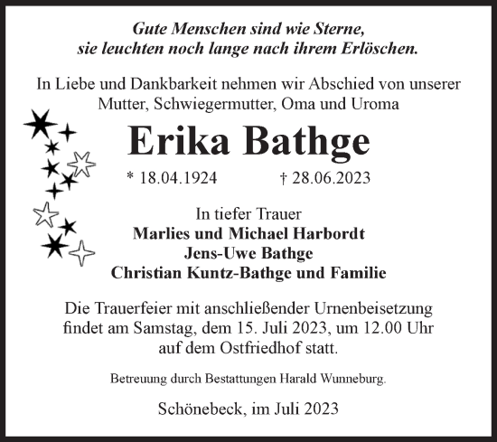 Traueranzeige von Erika Bathge von Volksstimme Schönebeck